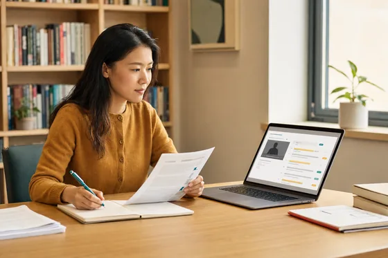 A researcher comparing a printed paper against notes at a desk