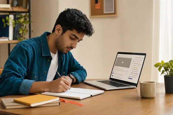 A student writing notes by hand beside a laptop