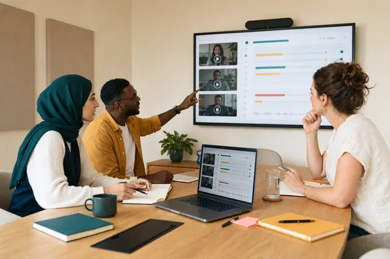 A small team reviewing a shared screen in a meeting room