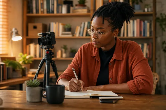 A video creator taking notes beside a camera in a warm studio