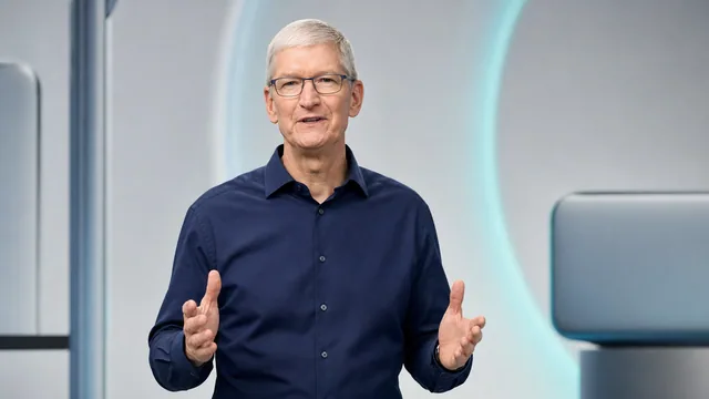 Tim Cook presenting a technology product update
