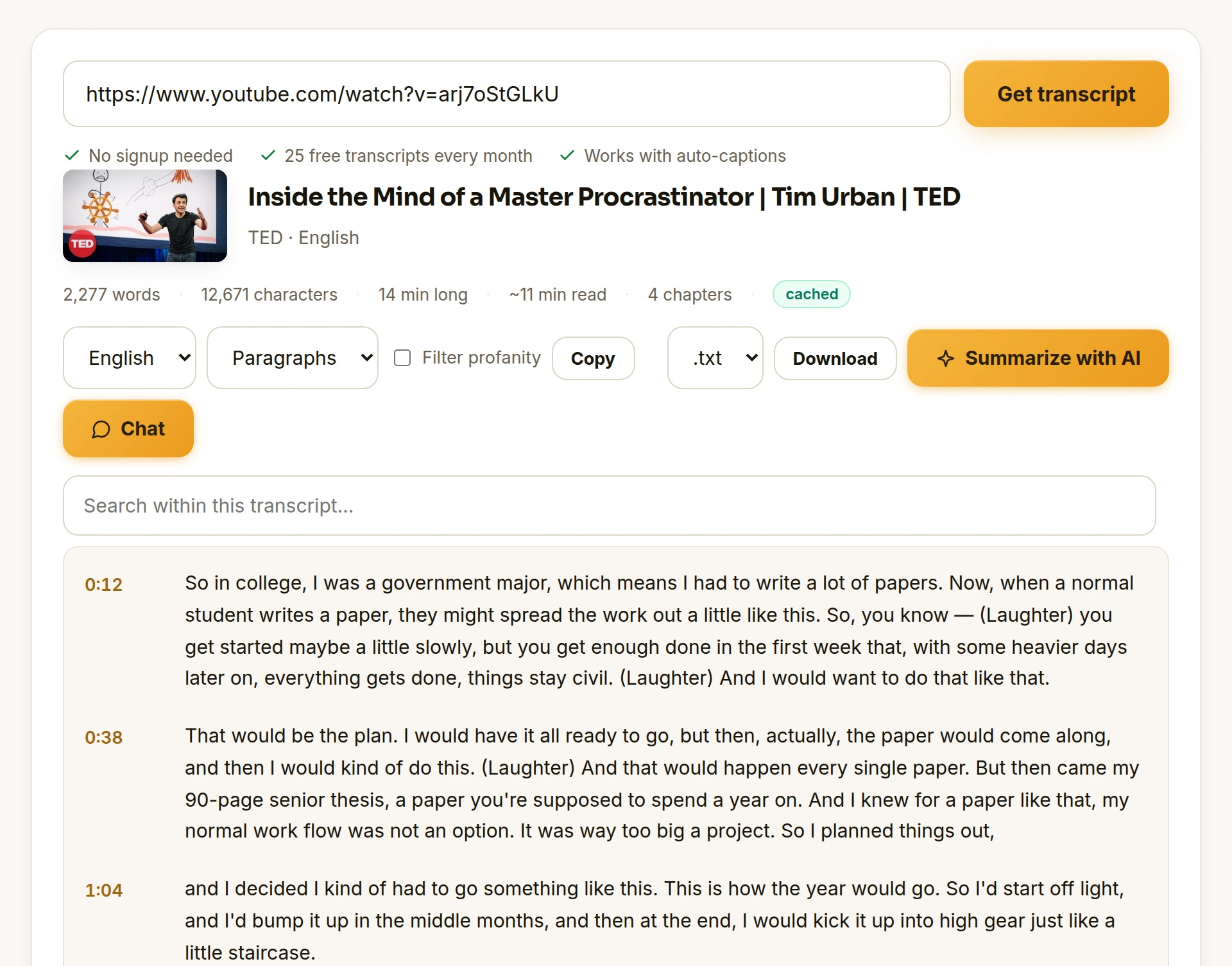 VidWords transcript reader showing a YouTube URL, transcript metadata, export controls, search, AI summary, and timestamped paragraphs