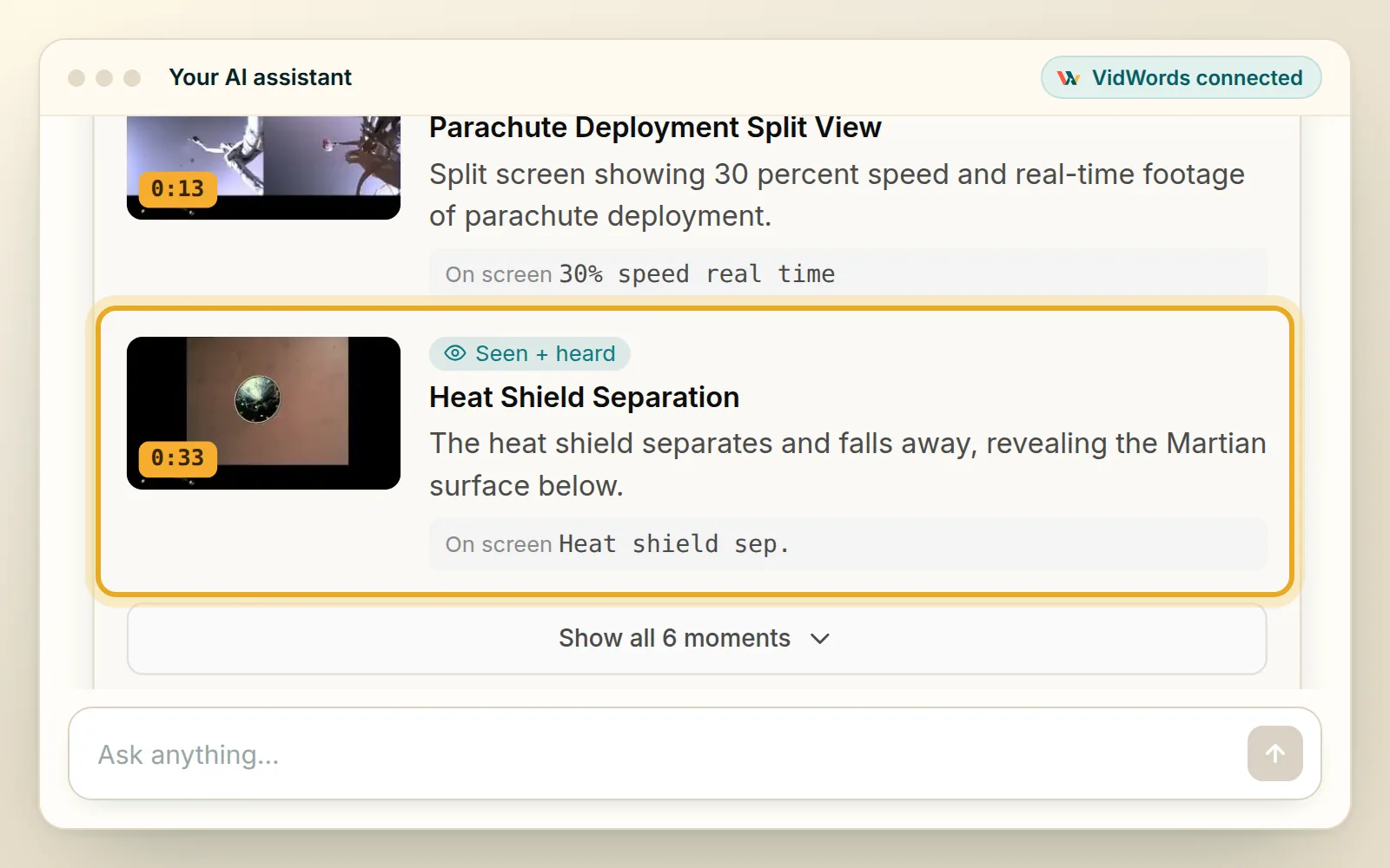 An assistant calls VidWords get_analysis on a saved analysis of NASA's Perseverance landing, shows the VidWords result card with its chapters and key moments, highlights the heat-shield separation at 0:33, and answers with a link to that moment.